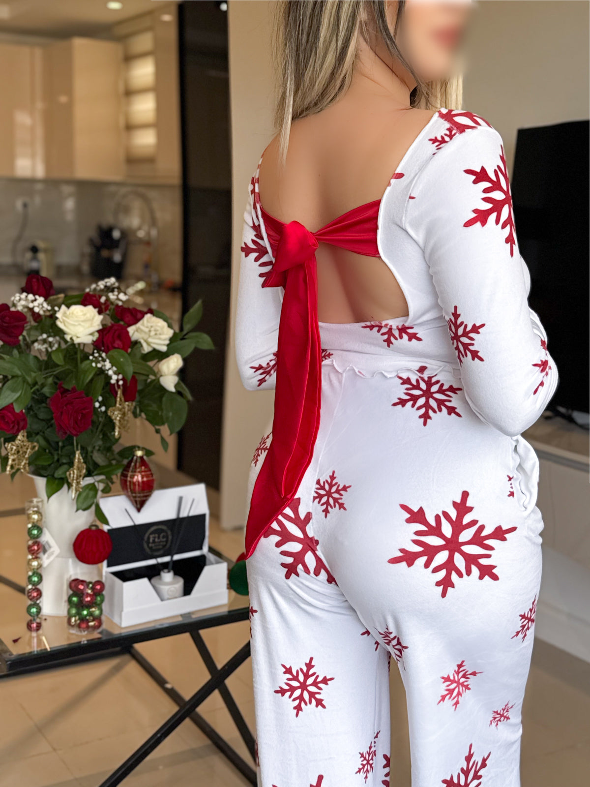 Pyjama patalon manche long blanc femme motif SNOW FLAKE
