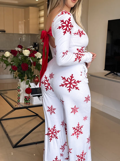 Pyjama patalon manche long blanc femme motif SNOW FLAKE