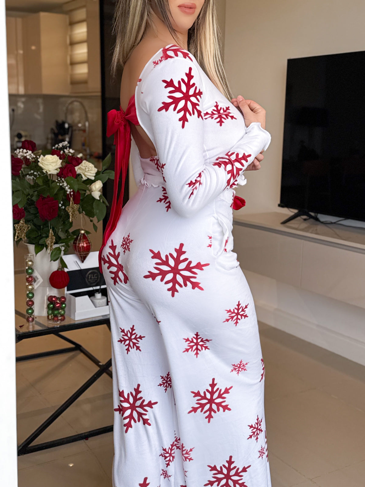Pyjama patalon manche long blanc femme motif SNOW FLAKE