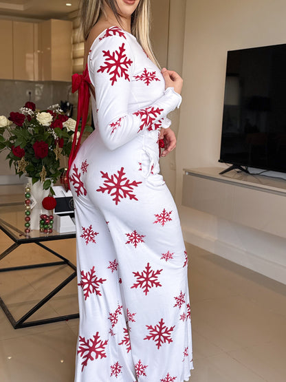 Pyjama patalon manche long blanc femme motif SNOW FLAKE