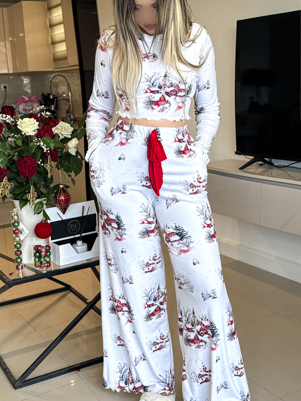 Pyjama patalon manche long blanc femme motif ICE VILLAGE