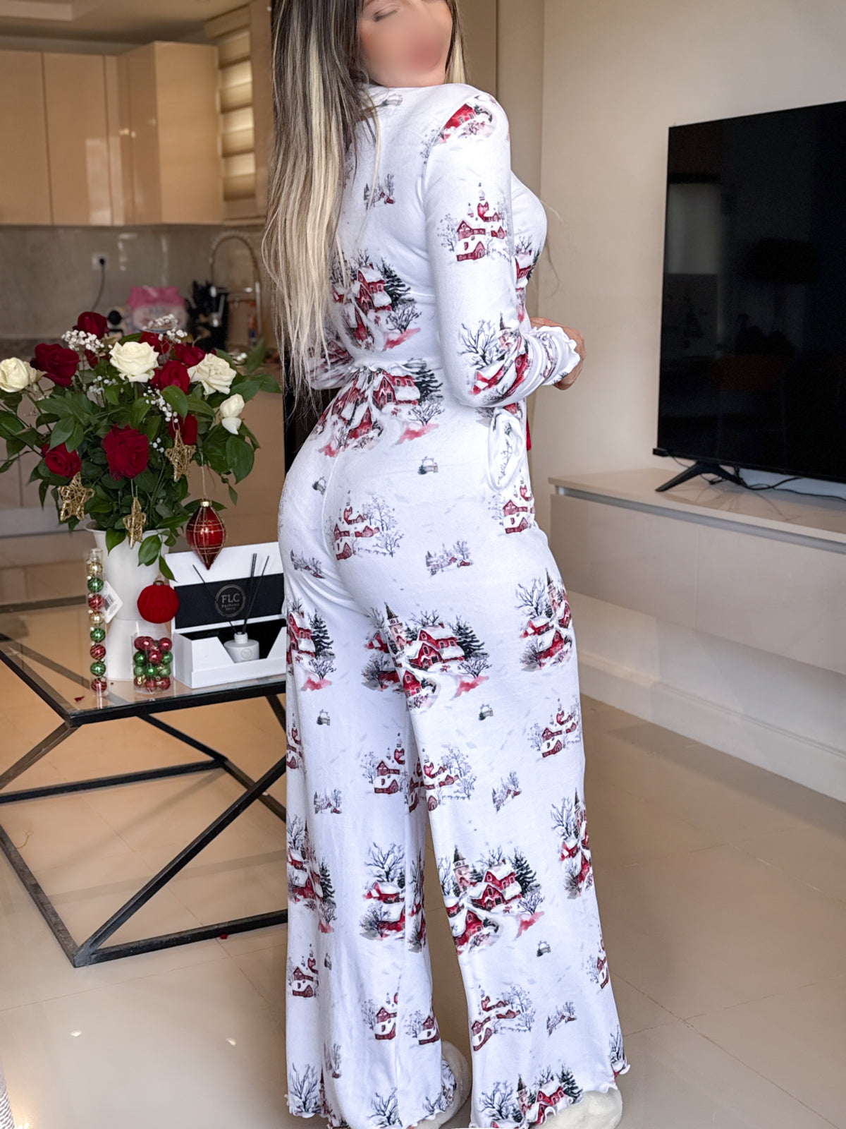 Pyjama patalon manche long blanc femme motif ICE VILLAGE