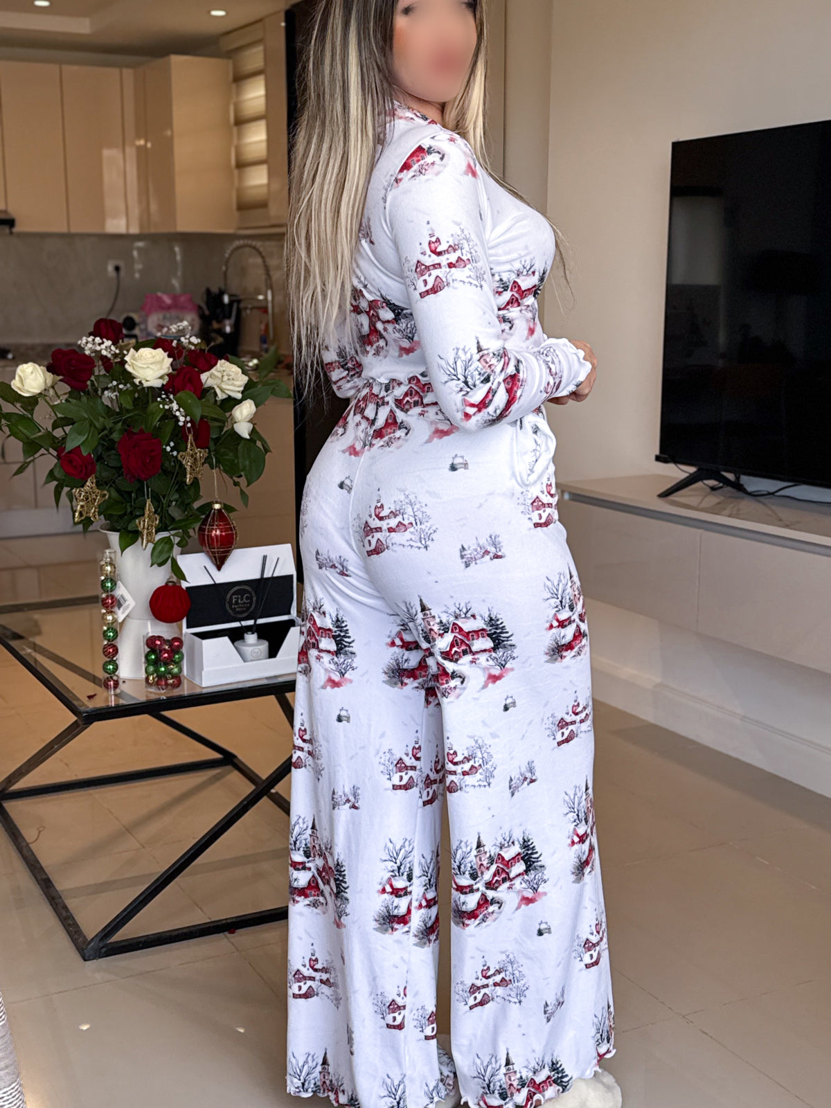 Pyjama patalon manche long blanc femme motif ICE VILLAGE