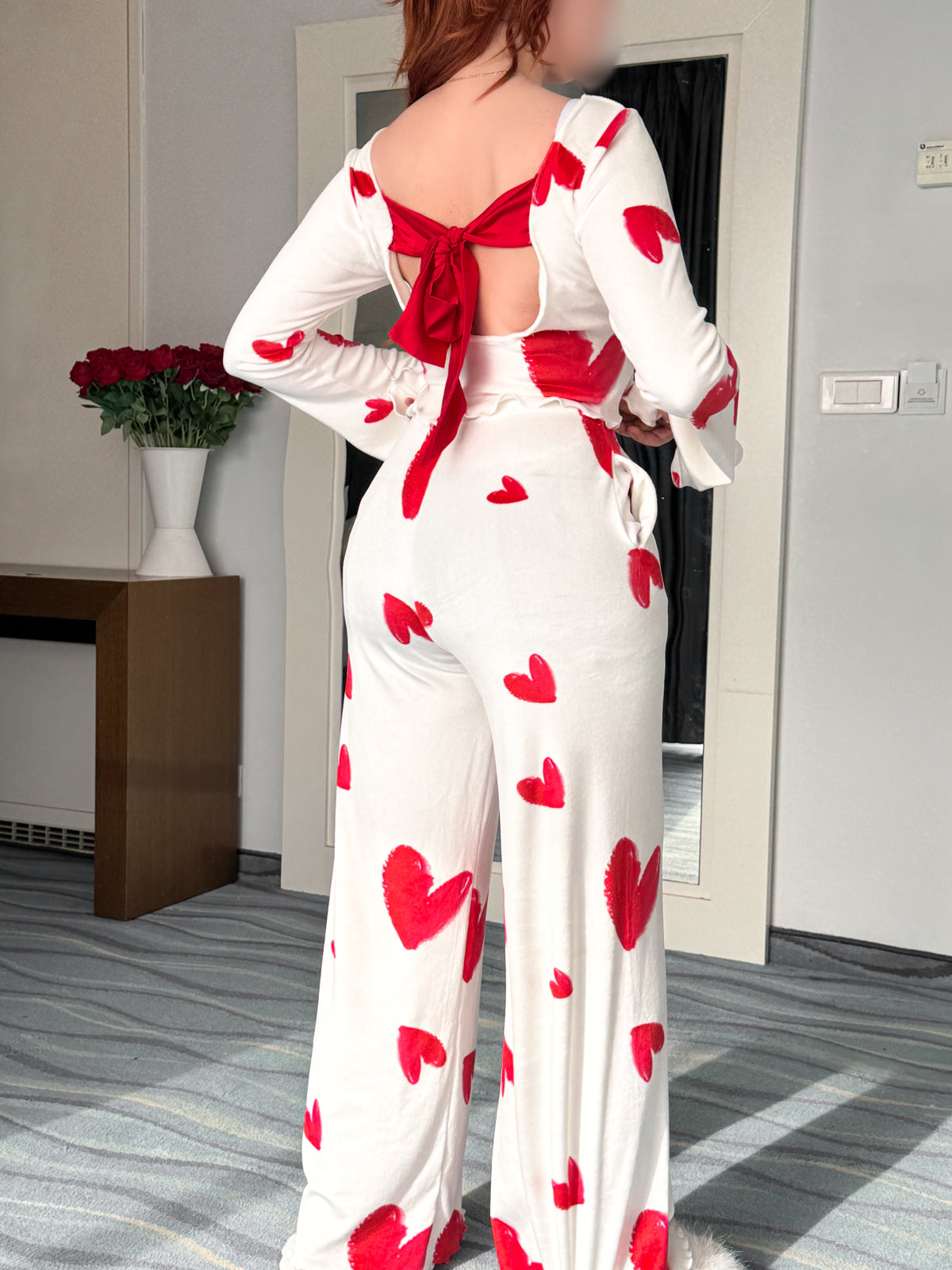 Pyjama patalon manche long blanc femme motif cœurs rouge FLAUNA