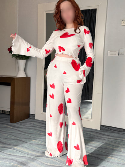 Pyjama patalon manche long blanc femme motif cœurs rouge FLAUNA