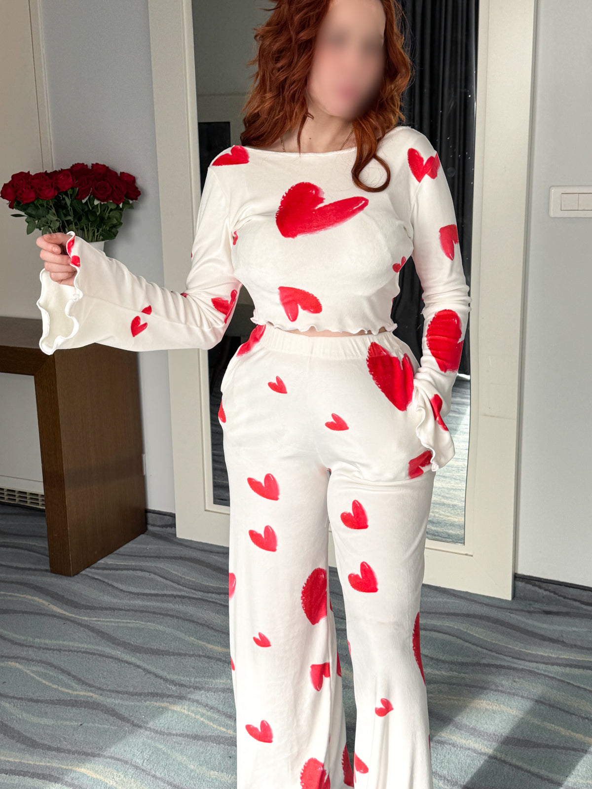 Pyjama patalon manche long blanc femme motif cœurs rouge FLAUNA