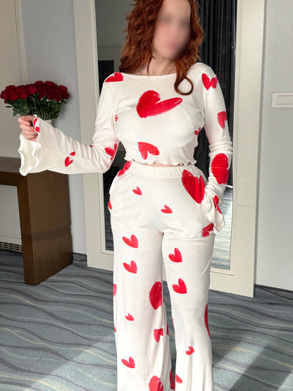 Pyjama patalon manche long blanc femme motif cœurs rouge FLAUNA