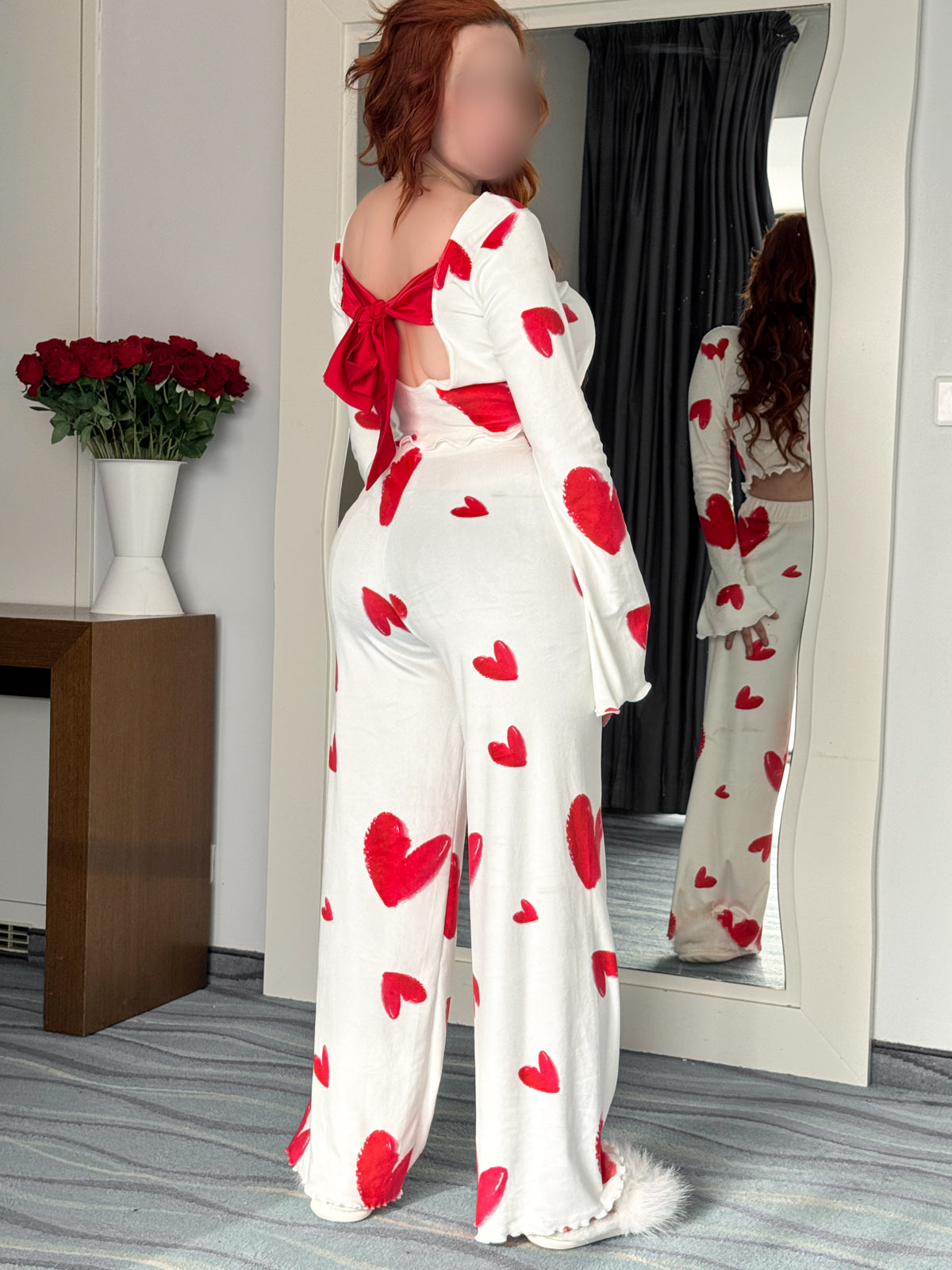 Pyjama patalon manche long blanc femme motif cœurs rouge FLAUNA