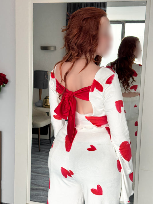 Pyjama patalon manche long blanc femme motif cœurs rouge FLAUNA