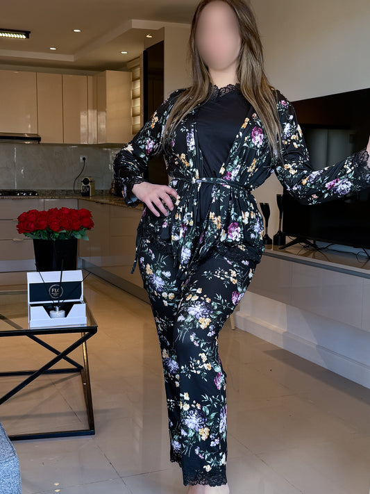 Ensemble 3 pièces kimono pantalon noir à fleur vert SONATA