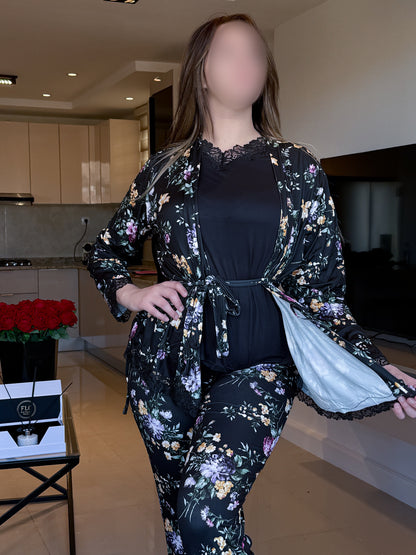 Ensemble 3 pièces kimono pantalon noir à fleur vert SONATA